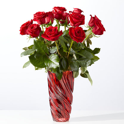 Bouquet classique de roses rouges Amour avec vase Luxe Swirl